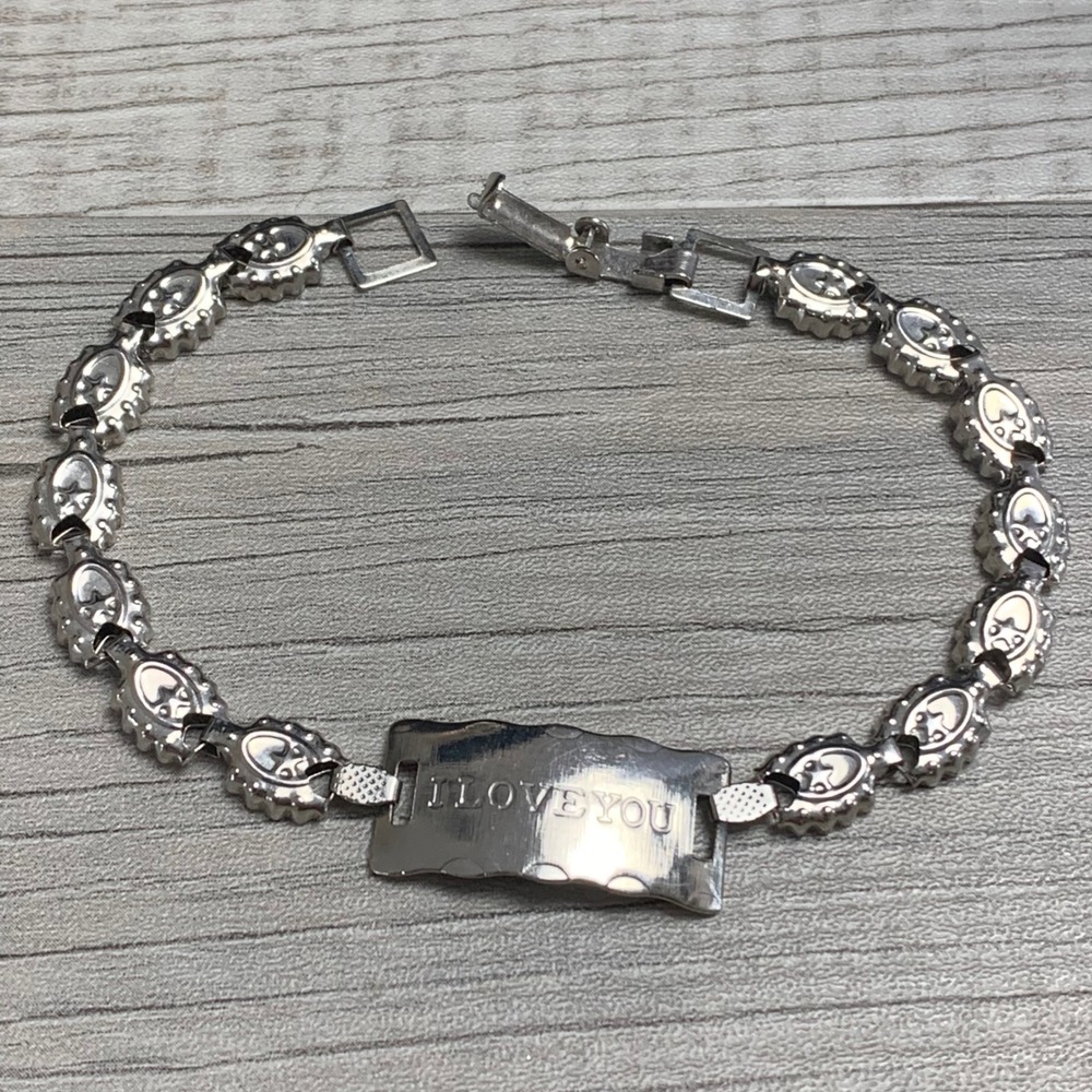 Vintage I Love You Silver Tone Heart Star Link Bracelet 7.25 Inch 5203